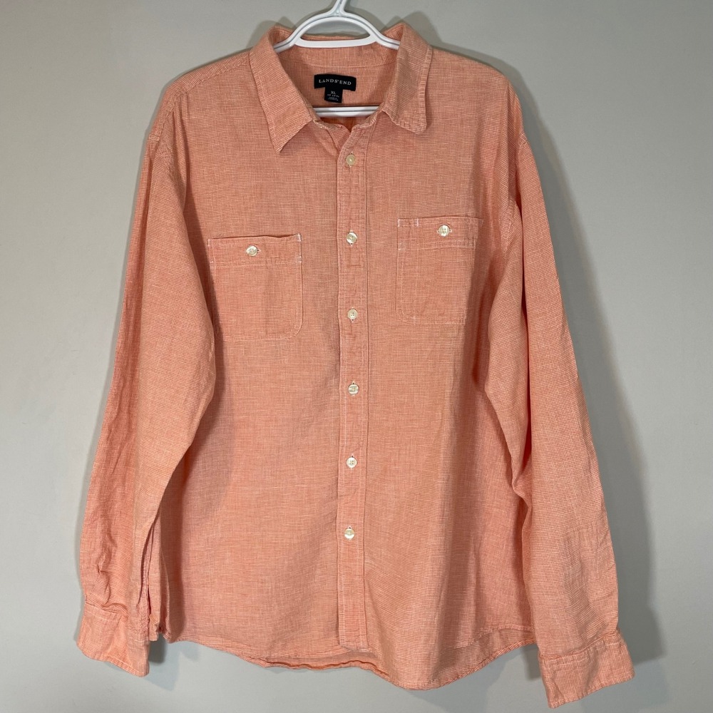 Lands End Mens XL Orange Linen Blend Micro Check Long Sleeve Button Down Shirt‎